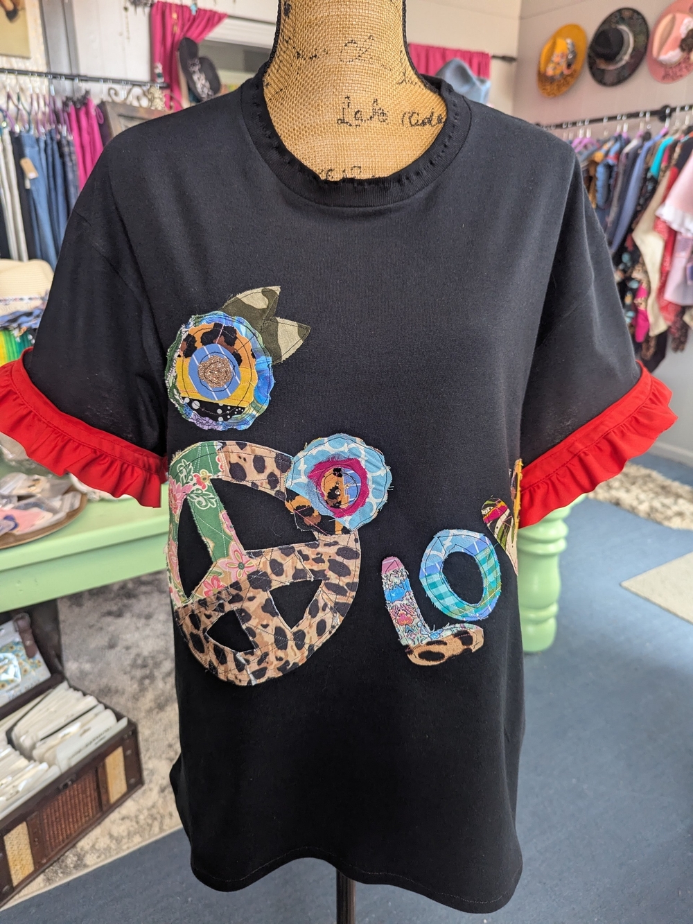 Black Graphic Appliqué Tee with Red Ruffle Sleeves